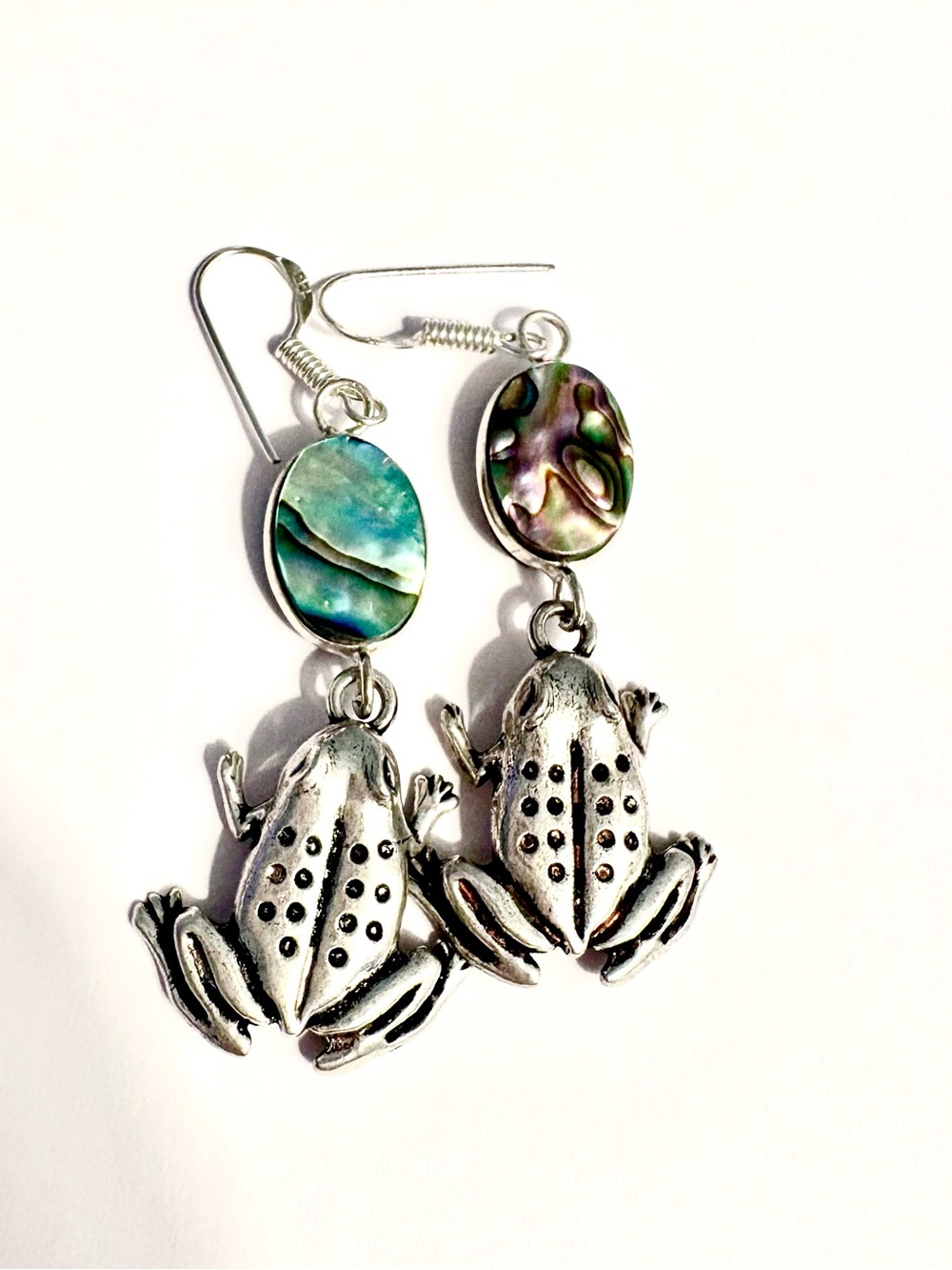 Fun, 2 1/2 inch, Abalone Shell with Frogs on the bottom, earrings.